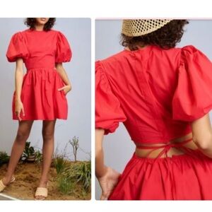 Ghospell Phoenix Mini Dress Puff Sleeves Poof Red Pockets Open Back Lined London